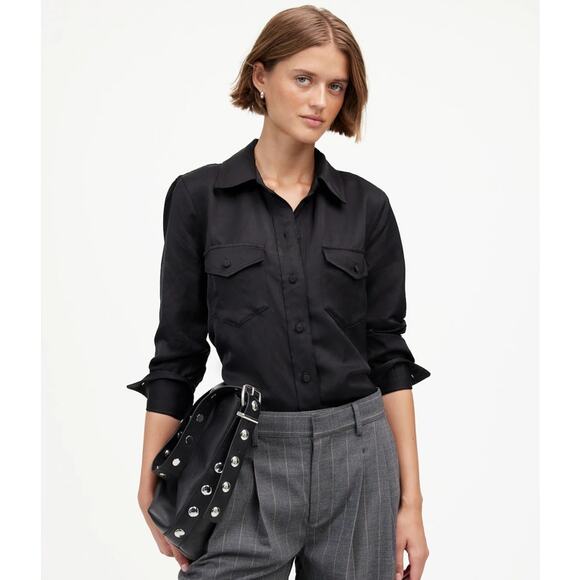 Madewell Western Shirt SZ 6 Black Linen Blend Long Sleeve Button Up Flap Pockets - Picture 1 of 9
